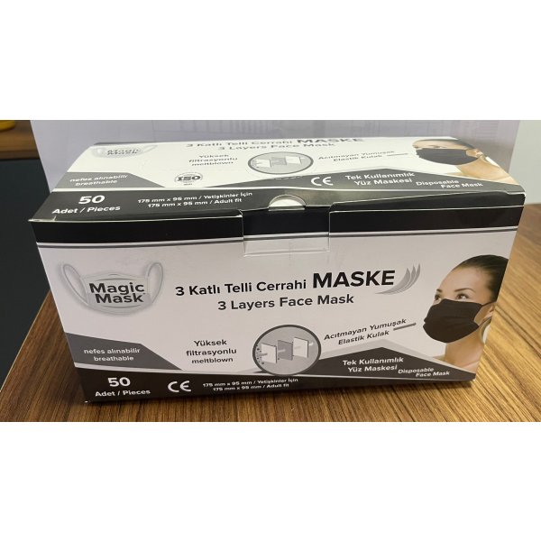 MagicMask SİYAH 3 Katlı Meltblown Medikal Tıbbi Maske - 50 ADET - MSK02